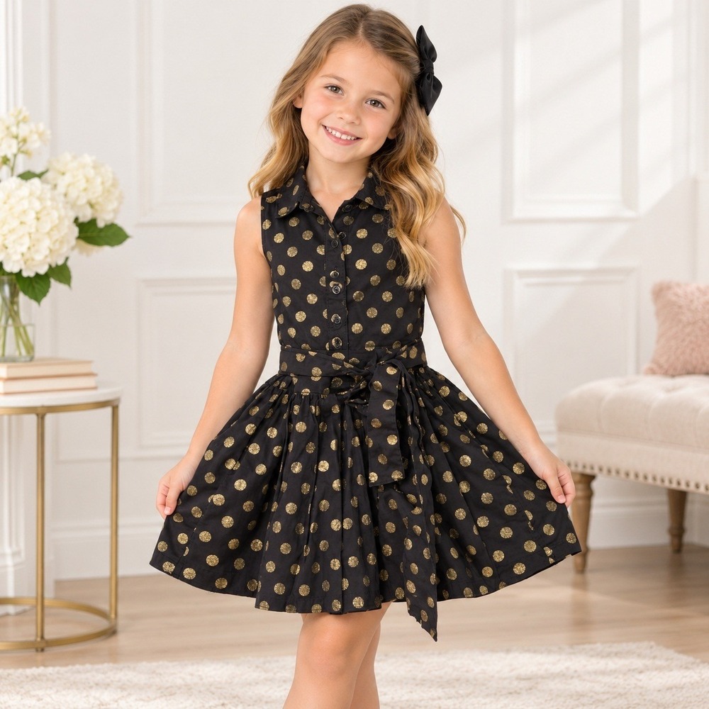 The Children's Place Girls 5 Black Gold Polka Dot Sleeveless Dress 2007